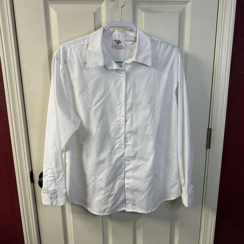 Nutcracker Womens Snowflake Embroidered White‎ Button Down Shirt Size L-Vintage